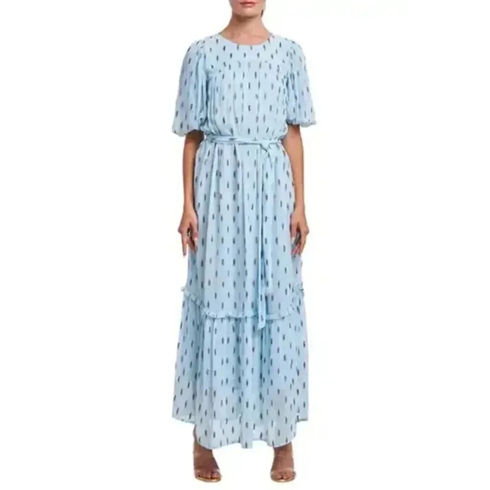 CIEBON Angela Metallic Silver Tinsel Print Ruffle Boho Maxi Dress Women's XS NEW